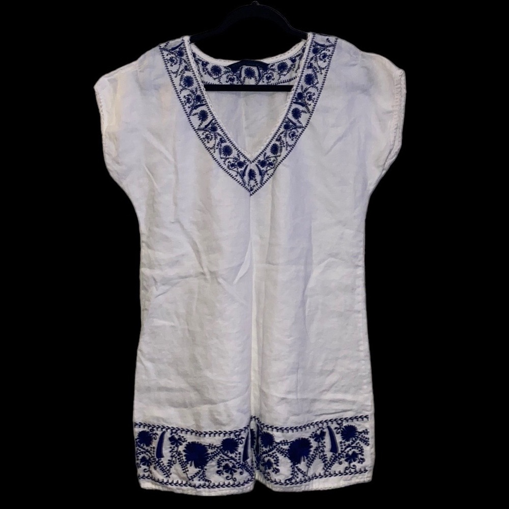 Zara Basic White Linen Embroidered V-neck Dress L